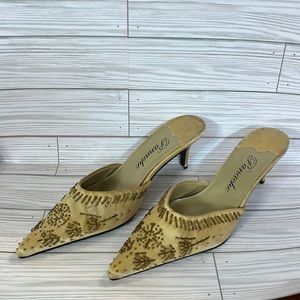 PANACHE ladies gold lace and sequins sling back evening sandals. Size 9
